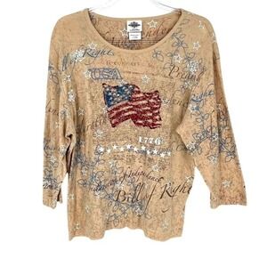 Womens Patriotic Cotton Top Size XL Embellished USA Flag 1776 Americana Western